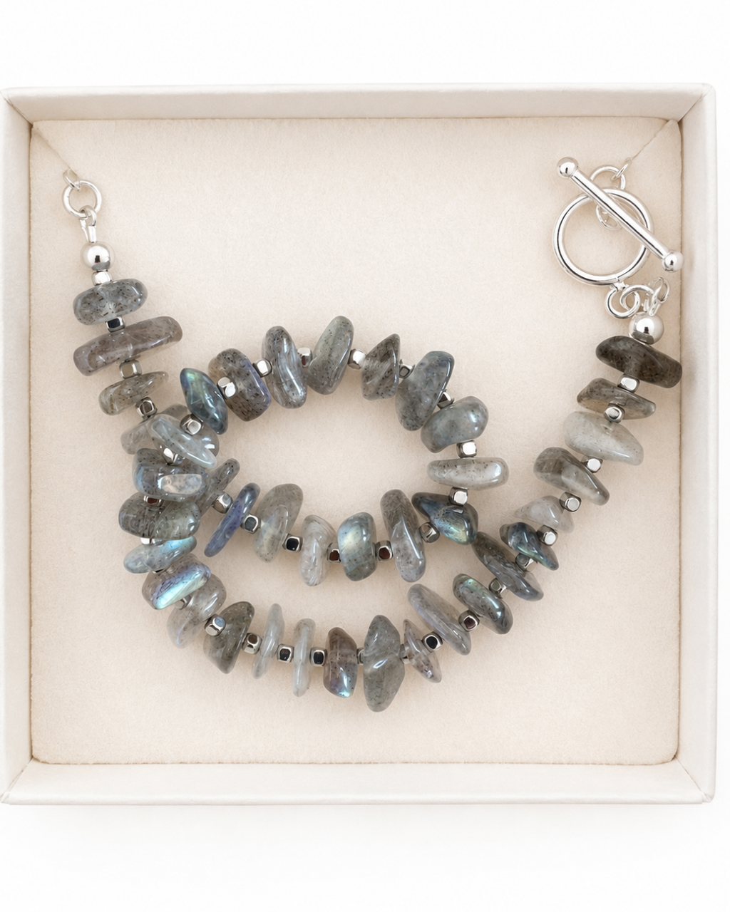 Detailaufnahme der Balance No. 02 Labradorit Kette mit schimmernden Natursteinen von Armure Tendre.
