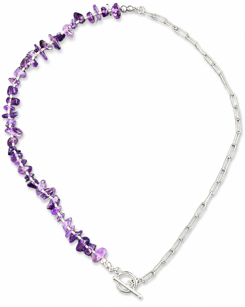 Balance No. 05 Amethyst Kette mit Silber-Spacern und 925 Silber von Armure Tendre in Studioaufnahme.